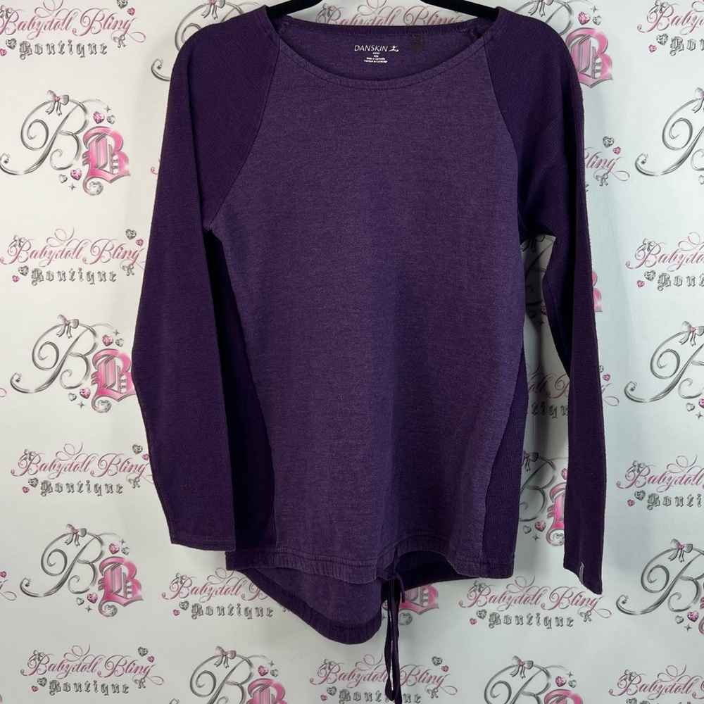 Danskin long sleeve tie up bottom hem ribbon Purple Crew Neck Top comfy stretchy